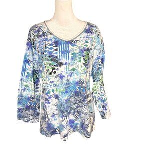 Jess & Jane 2X V-Neck Top Indigo Tide Abstract Art Rhinestones 3/4 Sleeve Cotton